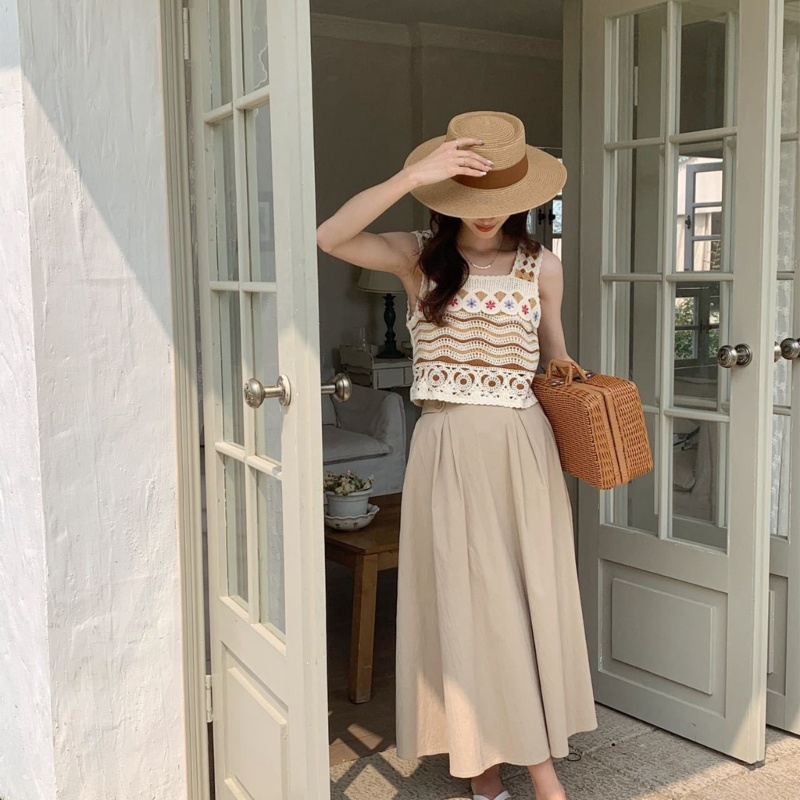 Áo Croptop Dệt Kim Không Tay Cổ Vuông Họa Tiết Kẻ Sọc Thời Trang Cho Nữ