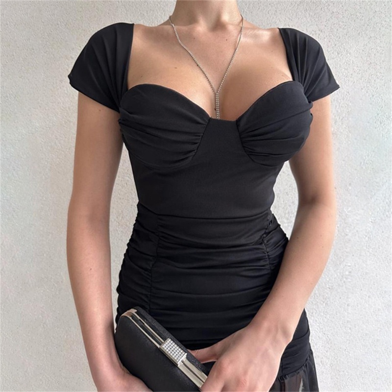 Đầm Mini Ngắn Tay Cổ Chữ V Phối Lưới Thời Trang Cho Nữ