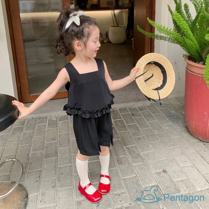 Bộ Áo Cotton Cổ Vuông + Quần Short Dáng Rộng Màu Trơn Thời Trang Mùa Hè Cho Bé Gái