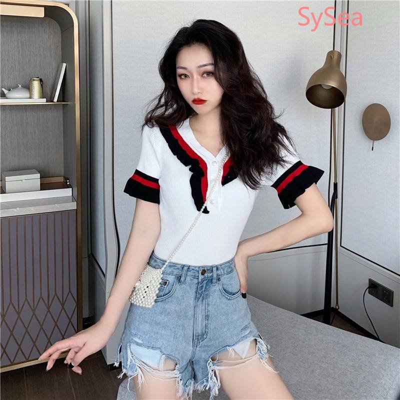 Áo Dệt Kim Cổ Chữ V Phối Bèo Thời Trang Mùa Hè Phong Cách Retro Cho Nữ