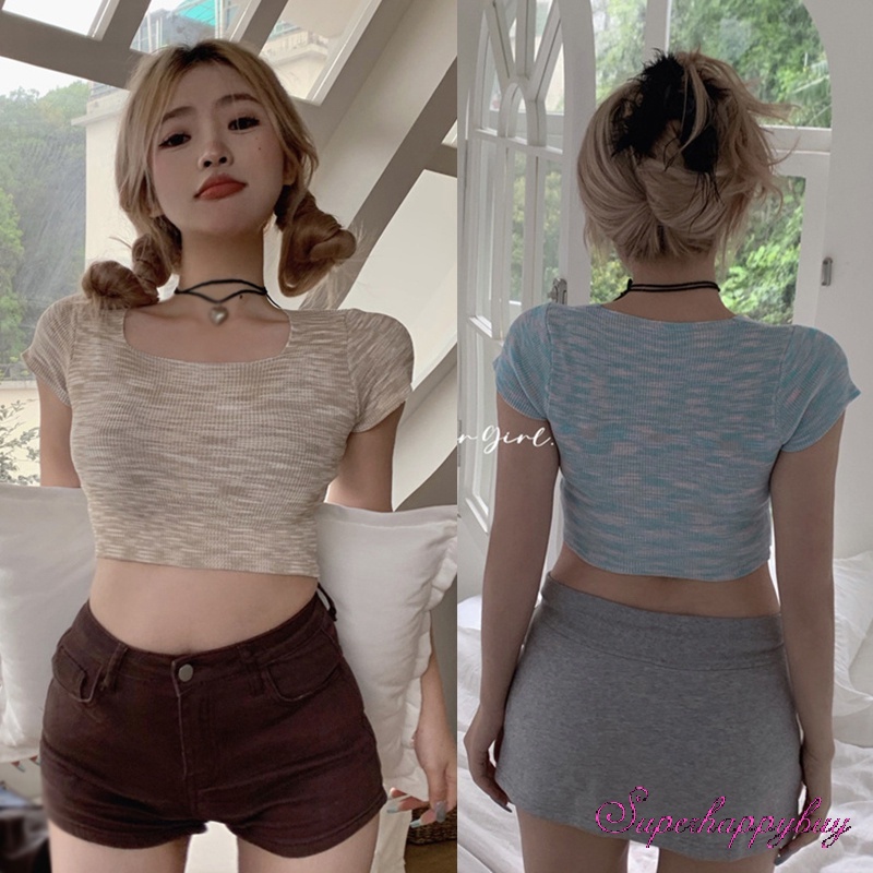 Áo Thun Tay Ngắn Cổ Vuông Dáng Ôm Thời Trang Mùa Hè Xinh Xắn Cho Nữ