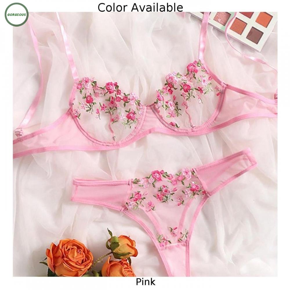 GORGEOUS~Women Sexy Lace Embroidery Bra Thongs Set  Sheer Nightwear Lingerie Sleepwear