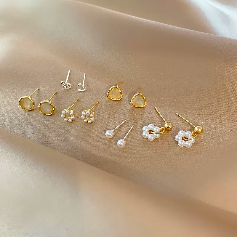 Bộ Sáu Bông Tai Ngọc Trai Opal Không Cần Xỏ Khuyên Mini Hình Học Cho Nữ