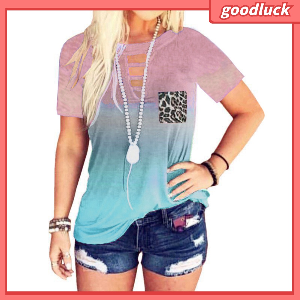 Áo Thun Ngắn Tay Cổ Tròn Màu Gradient Thời Trang Cho Nữ