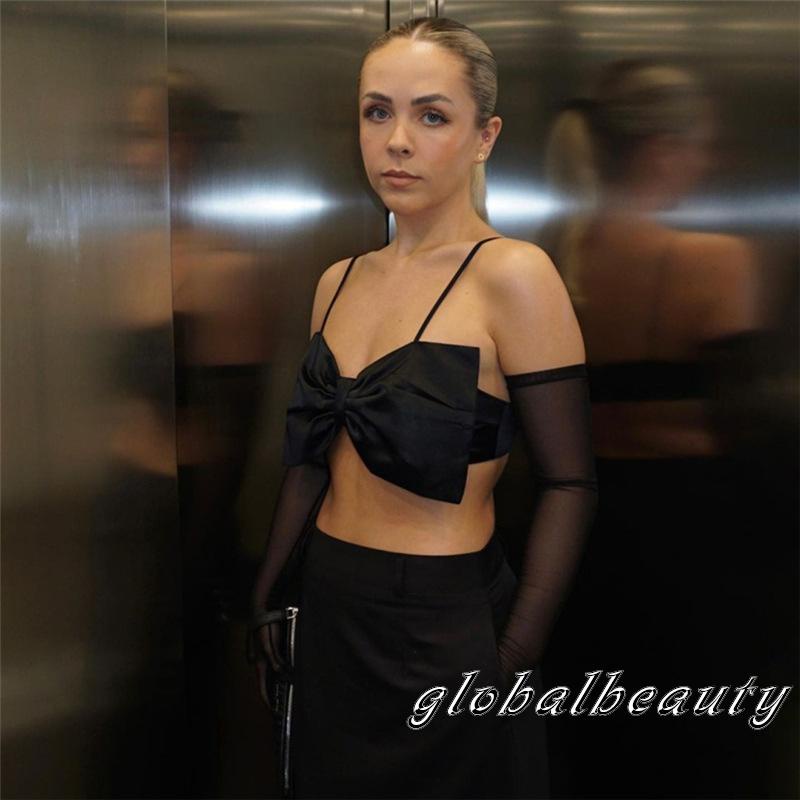 Áo Crop Top Hai Dây Thắt Nơ Trước Ngực Cổ Chữ V Gợi Cảm Kèm Găng Tay