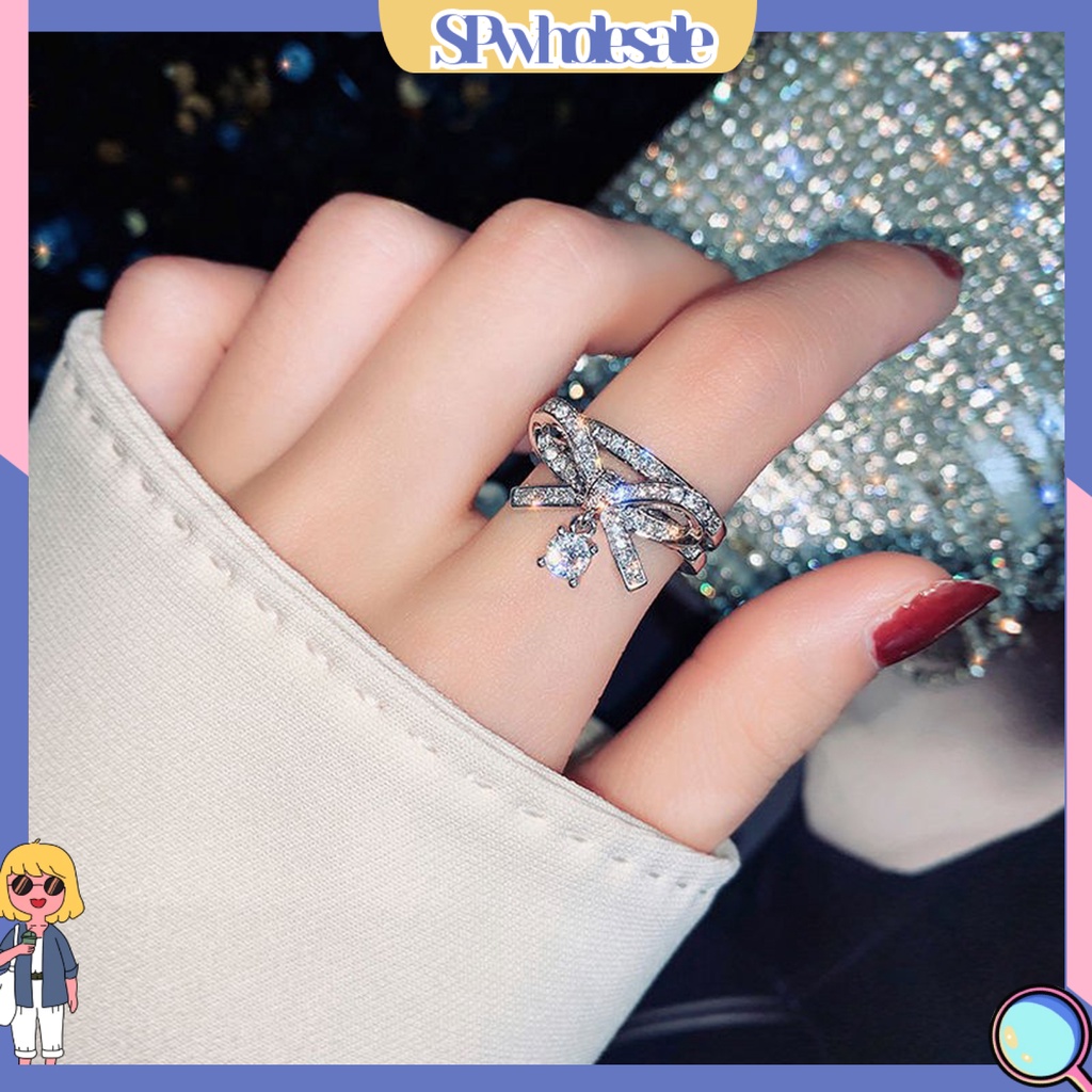 <SPwholesale> Nhẫn Hở Hai Lớp Đính Đá Zircon Hình Nơ Bằng Hợp Kim Sang Trọng Cho Ngày Valentine