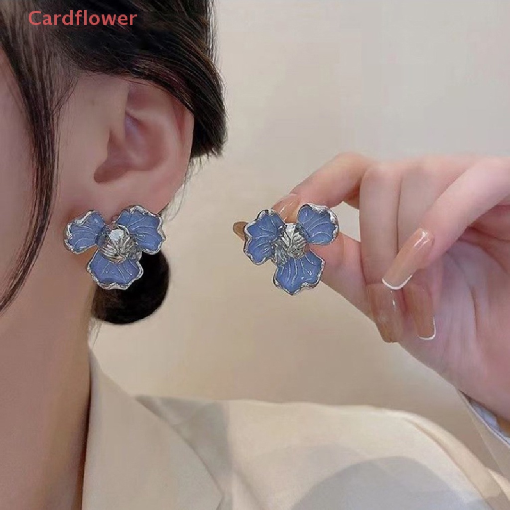 Bông Tai Hình Hoa Đính Pha Lê Màu Xanh Dương Phong Cách Hàn Quốc Cổ Điển Thời Trang Cho Nữ