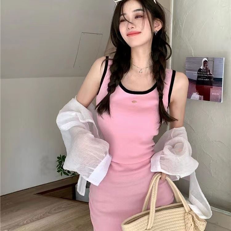 Jiashuchengrpin Đầm Ngắn Ôm Dáng Không Tay Bằng Lụa Lạnh Màu Hồng Phong Cách Mỹ Ngọt Ngào Thời Trang Mùa Hè Hàng Mới Dành Cho Bạn