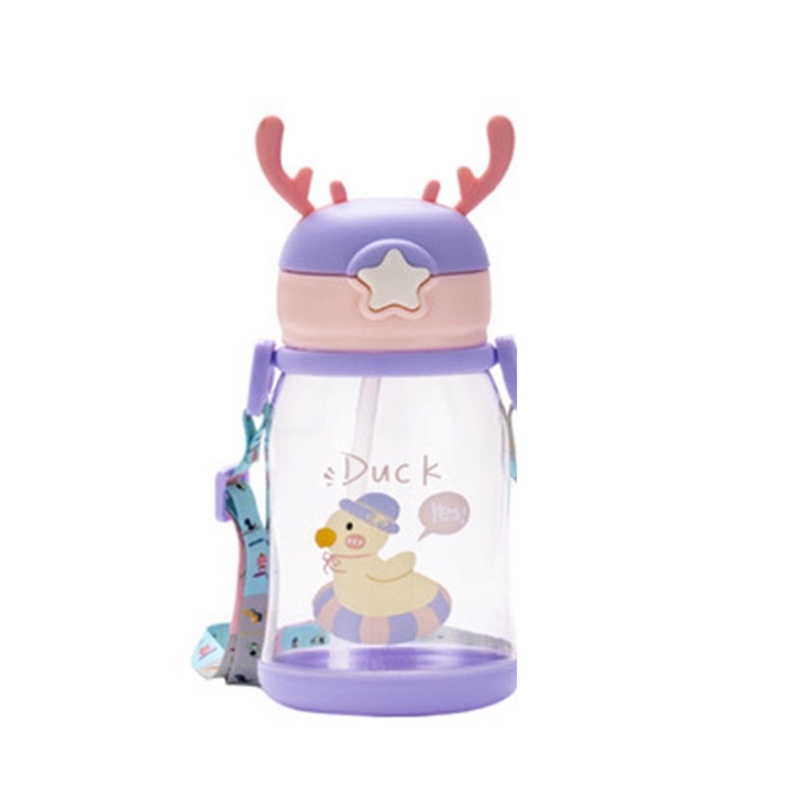 Bình Nước Hình Sừng Hươu Hoạt Hình Siêu Dễ Thương Di Động Có Thể Tái Sử Dụng Kèm Ống Hút Cho Hoạt Động Thể Thao