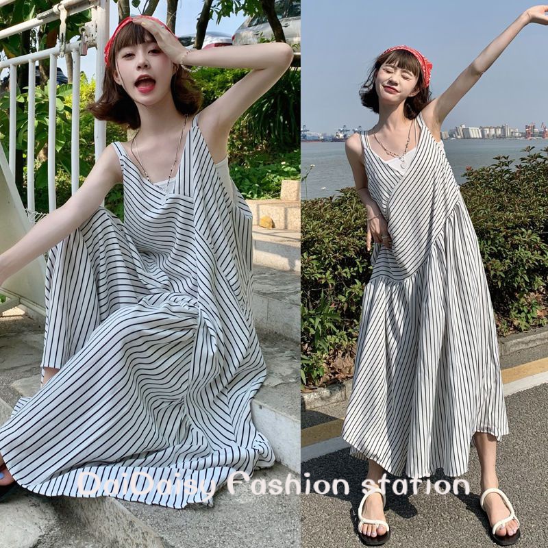 Jumpsuit Hai Dây Dáng Rộng Họa Tiết Kẻ Sọc Trắng Đen Thời Trang Xuân Thu Cho Nữ♥