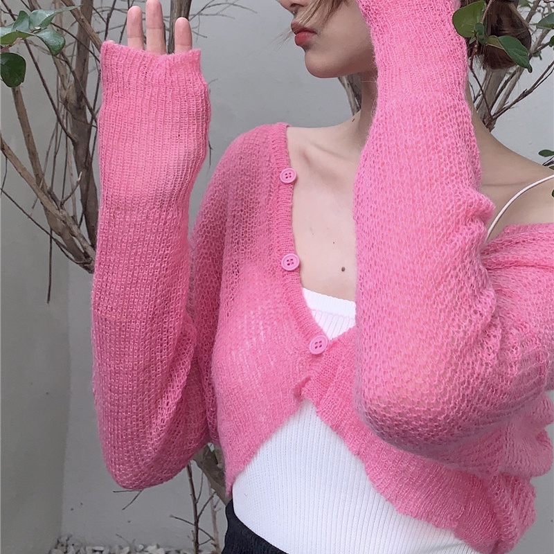 IELGY    Áo Khoác cardigan Dệt Kim Màu Sắc Trơn Phong Cách Pháp Cổ Điển Thời Trang Chống Nắng Cho Nữ