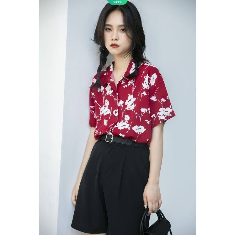 Áo Sơ Mi Chiffon Tay Ngắn Màu Đỏ In Họa Tiết Vintage Thời Trang Mùa Hè 2023 Cho Nữ