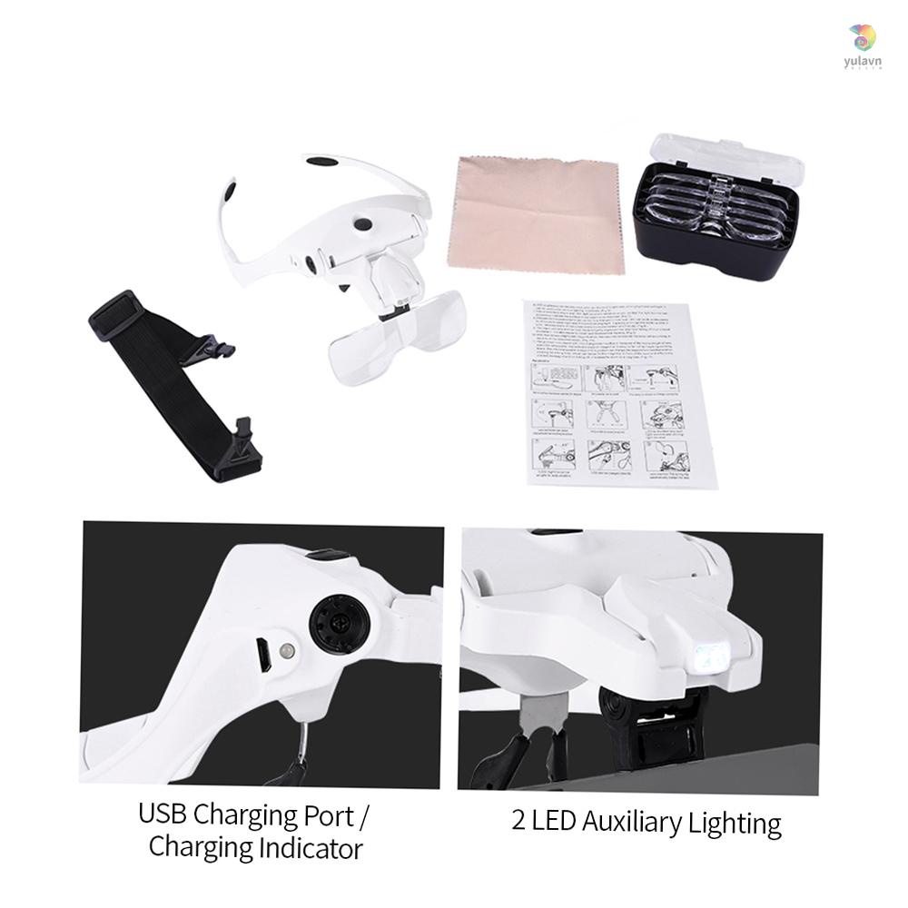 Kính Lúp Đeo Đầu 5 Thấu Kính 1.0X-3.5X Kèm 2 Đèn LED Và Sạc USB Chất Lượng Cao