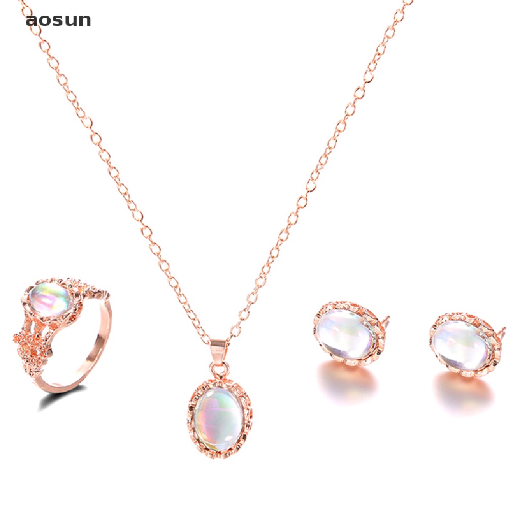 Aosun Bộ Trang Sức Vòng cổ Nhẫn Bông Tai Nhẫn Mạ Vàng Đính Đá Opal Nhân Tạo Hình Oval Cực Quang Thanh Lịch Lãng Mạn Cho Nữ