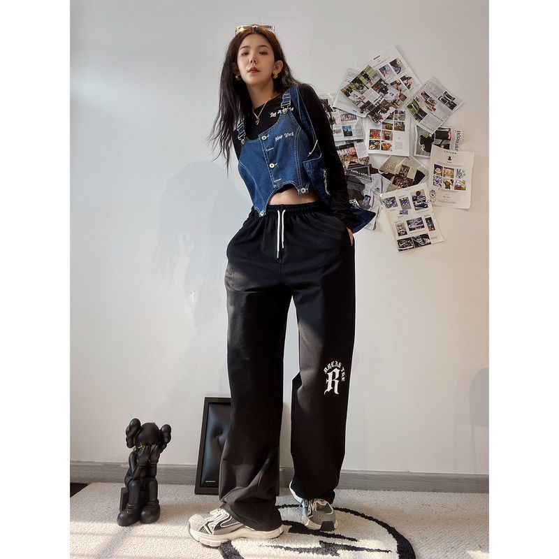 Jiashucheng Quần Dài Thể Thao Dáng Suông In Chữ Màu Trắng Xám Kiểu Hip-Hop Cá Tính Cho Nữ