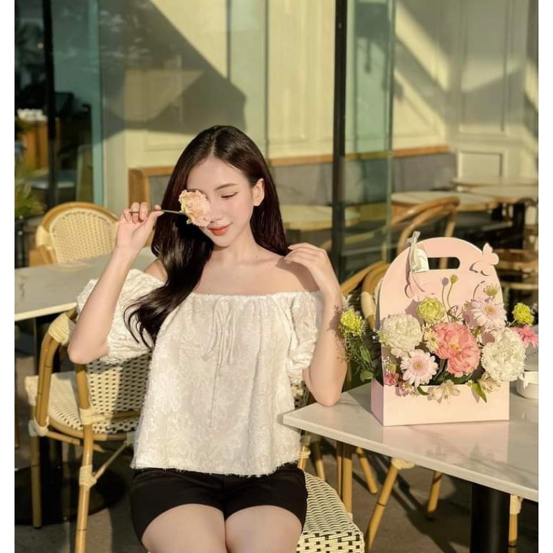 💋Áo trễ vai tơ lông tay bồng nơ xinhhh xỉuuu❤️❤️