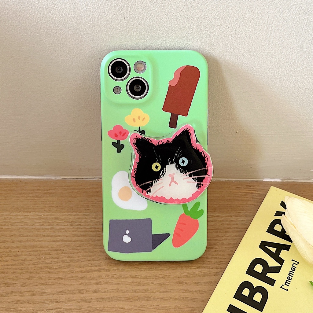Ốp Điện Thoại TPU Dẻo Họa Tiết Hoạt Hình Chú Mèo Dễ Thương Kèm Giá Đỡ Cho iPhone 14 13 11 12 Pro Max