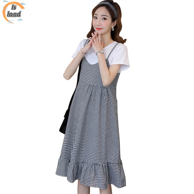 [IS] Đầm Bầu Giả Hai Lớp Bằng Vải Cotton Thoải Mái Thoáng Khí Tay Ngắn Cổ Tròn In Caro Dành Cho Phụ Nữ