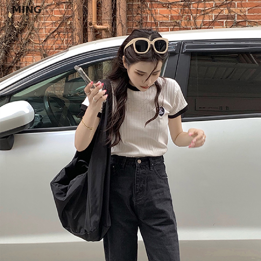 Áo Thun Dệt Kim Ngắn Tay Cổ Tròn Thêu Hình Trái Tim Màu Sắc Tương Phản Thời Trang Mùa Hè Dành Cho