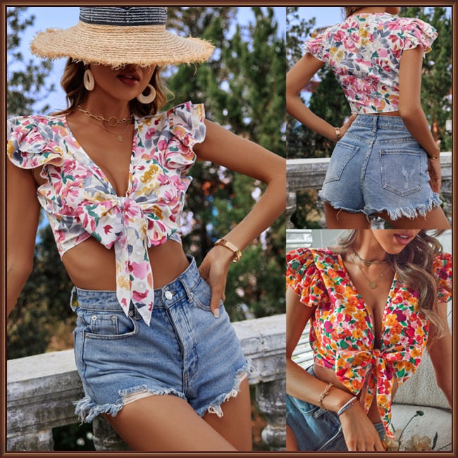 Áo Croptop Chiffon Tay Ngắn Dáng Rộng In Họa Tiết Hoa Đính Nơ Thời Trang Mùa Hè Xinh Xắn Cho Nữ