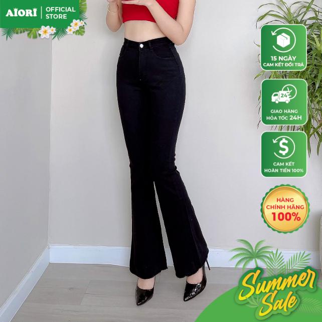 Quần Jean Nữ AIORI Ống Loe Lưng Cao Màu Đen Bò Bass Trơn Co Giãn Tốt L001_D