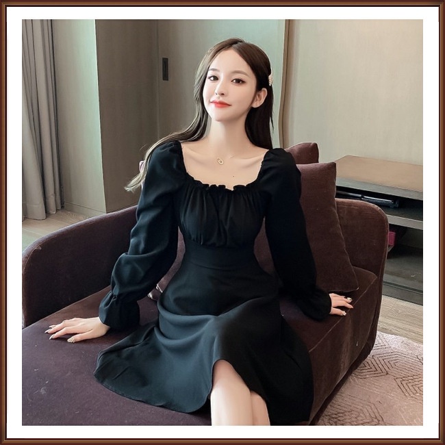 Đầm Midi Chữ A Tay Dài Cổ Vuông Màu Sắc Ngọt Ngào Thời Trang Cho Nữ