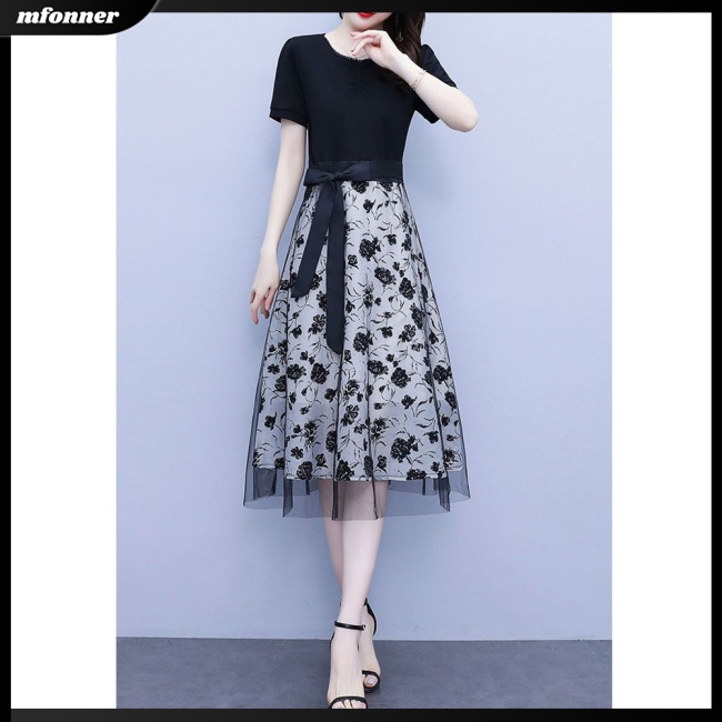 Đầm Midi Tay Ngắn Cổ Tròn Cột Dây Thanh Lịch Thời Trang Mùa Hè Cho Nữ