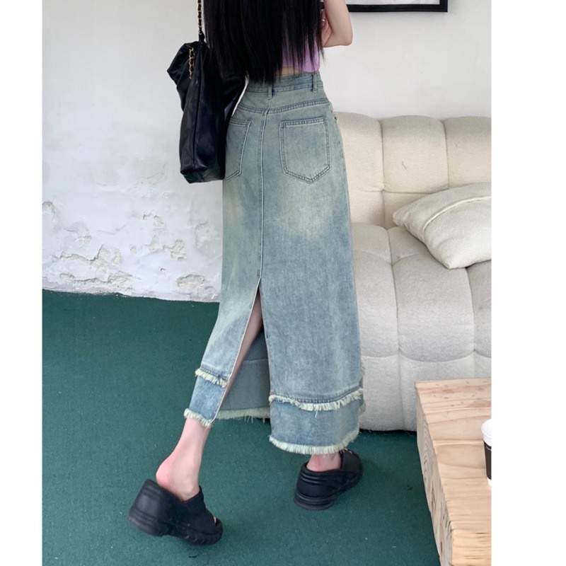 Chân Váy Denim Dài Dáng Chữ a Lưng RENJIANVSHENG Cao Thiết Kế Trẻ Trung Cho Nữ