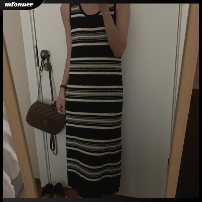 Đầm Chữ A Hai Dây Cổ Tròn Lưng Cao Họa Tiết Kẻ Sọc Màu Sắc Tương Phản Thời Trang Mùa Hè Quyến Rũ Cho Nữ