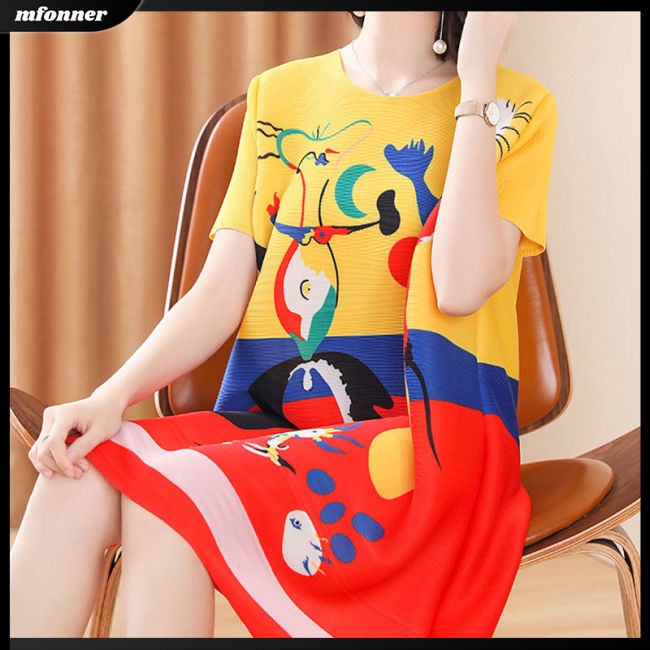 Đầm Midi Ngắn Tay Cổ Tròn Dáng Rộng In Màu Khối Thời Trang Cho Nữ