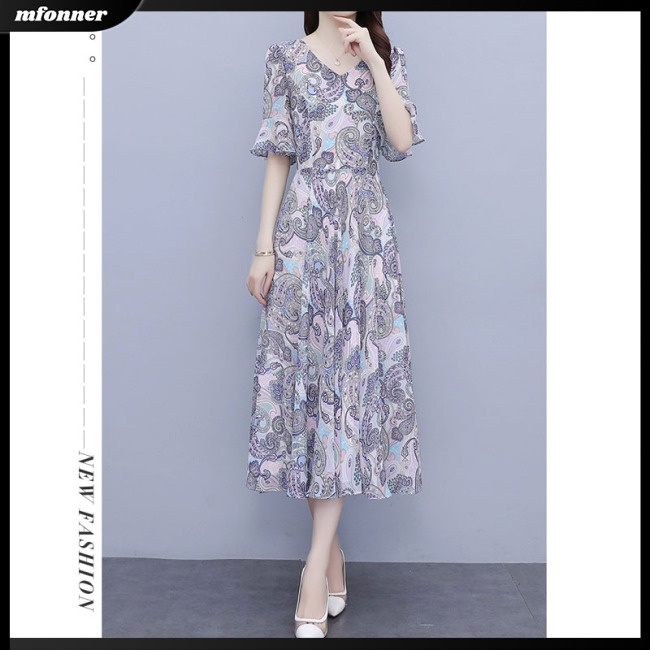 Đầm Midi Tay Ngắn Cổ Chữ V Vải Lụa Lạnh In Hoa Eo Thun Thời Trang Mùa Hè Cho Bạn Gái