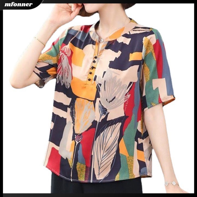 Áo Sơ Mi Tay Ngắn Cổ Đứng Dáng Rộng In Họa Tiết Kiểu Retro Thời Trang Mùa Hè Cho Bạn Gái