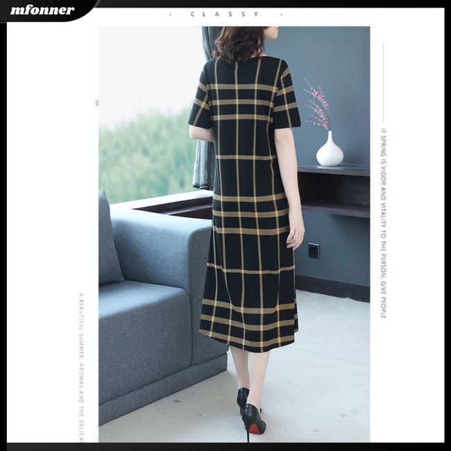 Đầm Nữ Tay Ngắn Cổ Tròn Dáng Chữ A Họa Tiết Caro Thời Trang Cá Tính