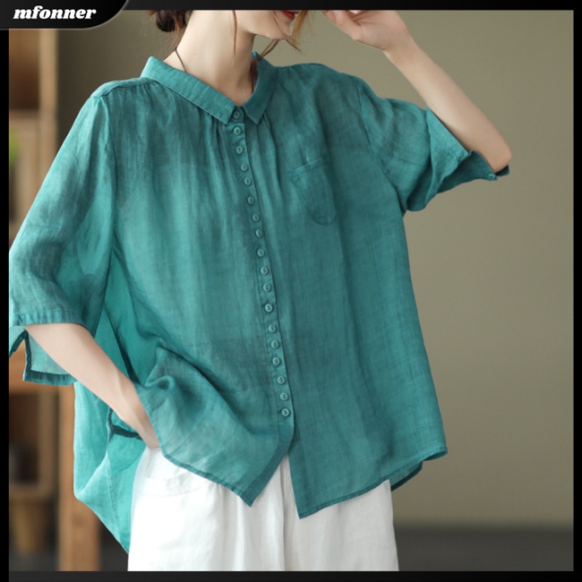 Áo Sơ Mi Cotton Lanh Tay Ngắn Màu Sắc Trơn Phong Cách Retro Dành Cho Nữ