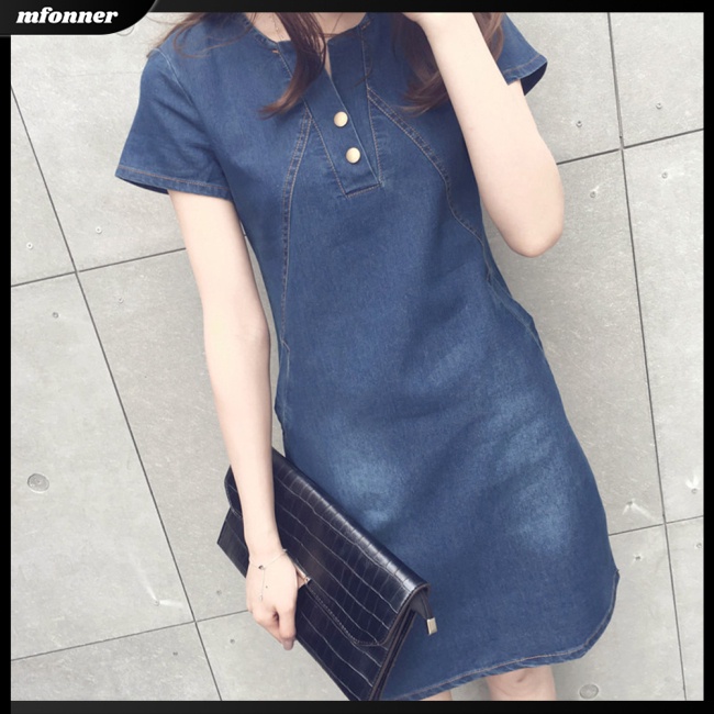 MV Women  Denim  Skirt Button Round Neck Short-sleeved Solid Color Casual Pullover Midi Dress