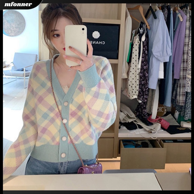 Áo Khoác Cardigan Dệt Kim Cổ Chữ V Họa Tiết Hình Thoi Màu Sắc Tươi Tắn Cho Nữ