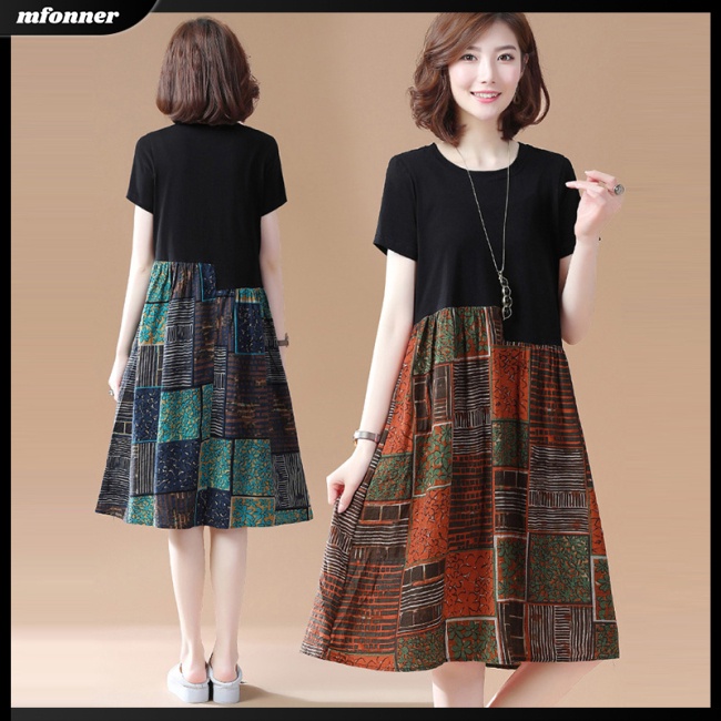 Đầm Midi Tay Ngắn Cổ Tròn Dáng Rộng Họa Tiết Kẻ Sọc Thời Trang Mùa Hè Xinh Xắn Cho Nữ