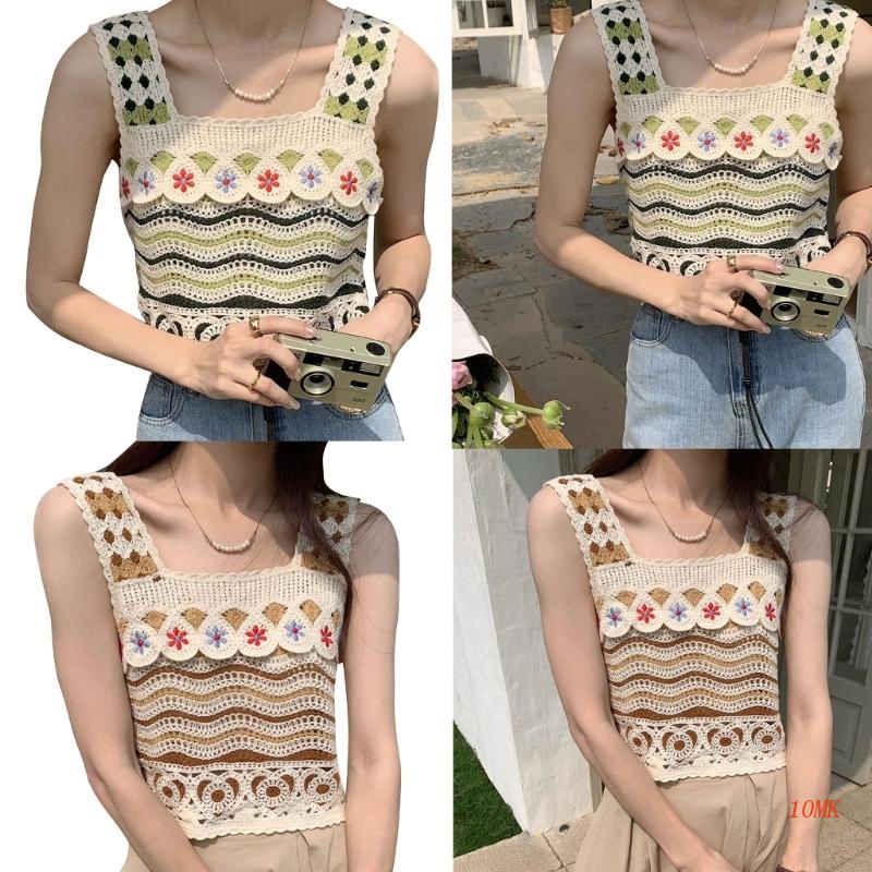 Áo Croptop Dệt Kim Sát Nách Cổ Vuông Họa Tiết Kẻ Sọc Thời Trang Cho Nữ