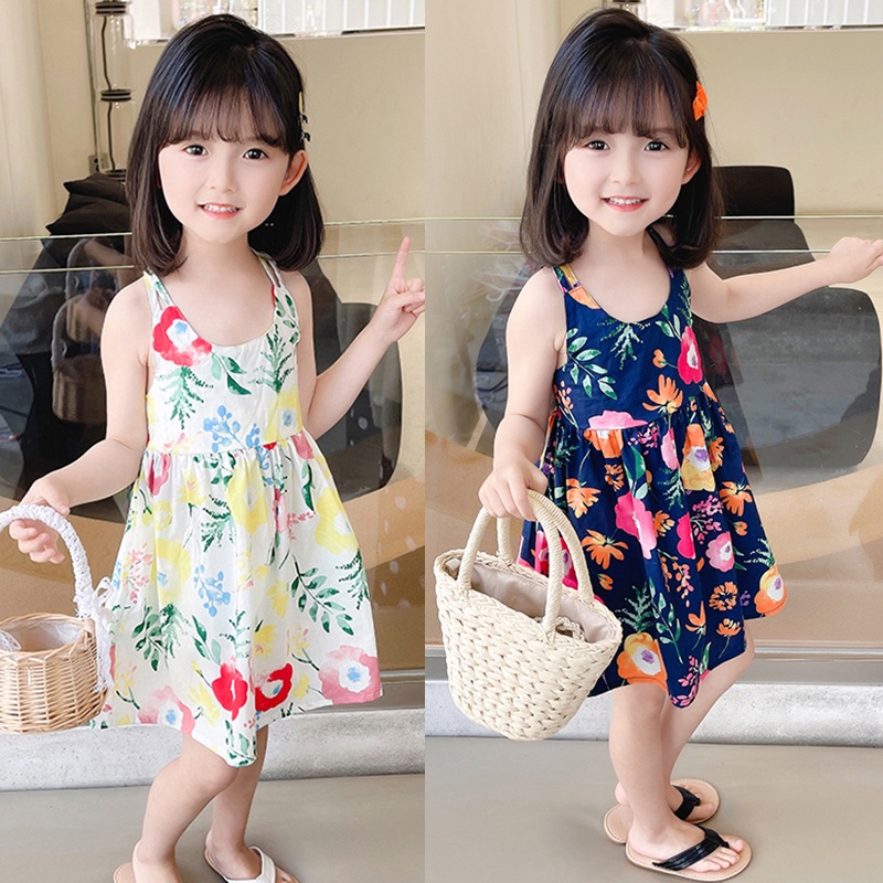 Bộ Khung Đồ Chơi Cho Bé❤Đầm Công Chúa Đi Biển Mùa Hè Mát Mẻ In Họa Tiết Hoa Dễ Thương Phong Cách Hàn Quốc Cho Bé Gái