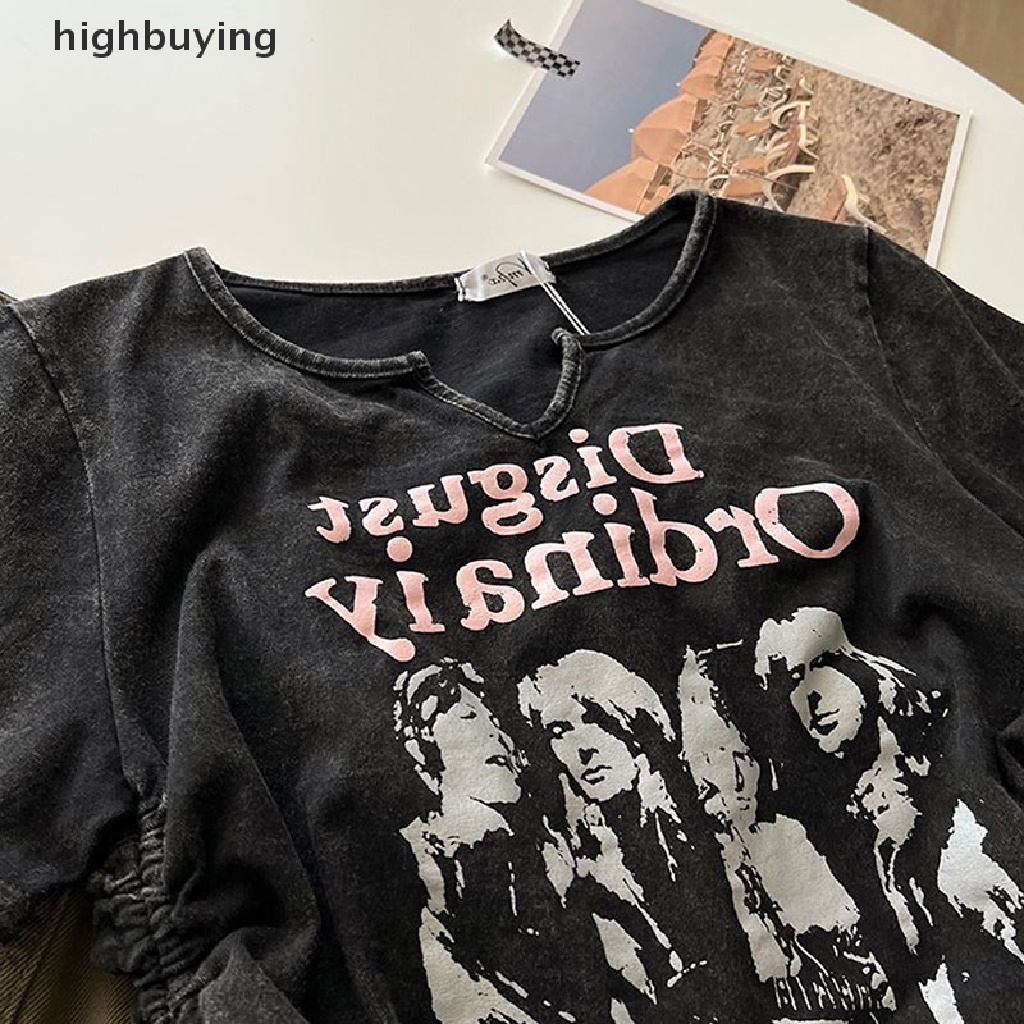 Áo Thun Tay Ngắn Cổ Chữ V Phối Dây Rút In Họa Tiết Phong Cách Retro Cho Nữ