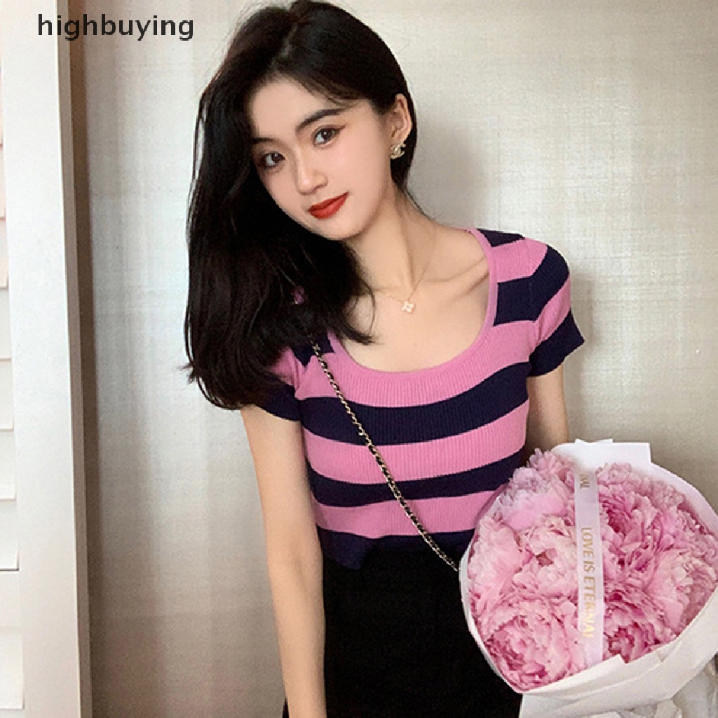 Áo Croptop Dệt Kim Ngắn Tay Cổ Vuông Họa Tiết Kẻ Sọc Phong Cách Retro