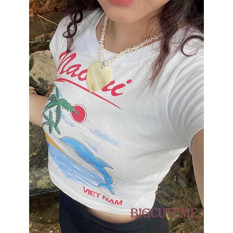 Áo Thun Crop Top Tay Ngắn Cổ Tròn In Chữ Thời Trang Mùa Hè Dành Cho Nữ