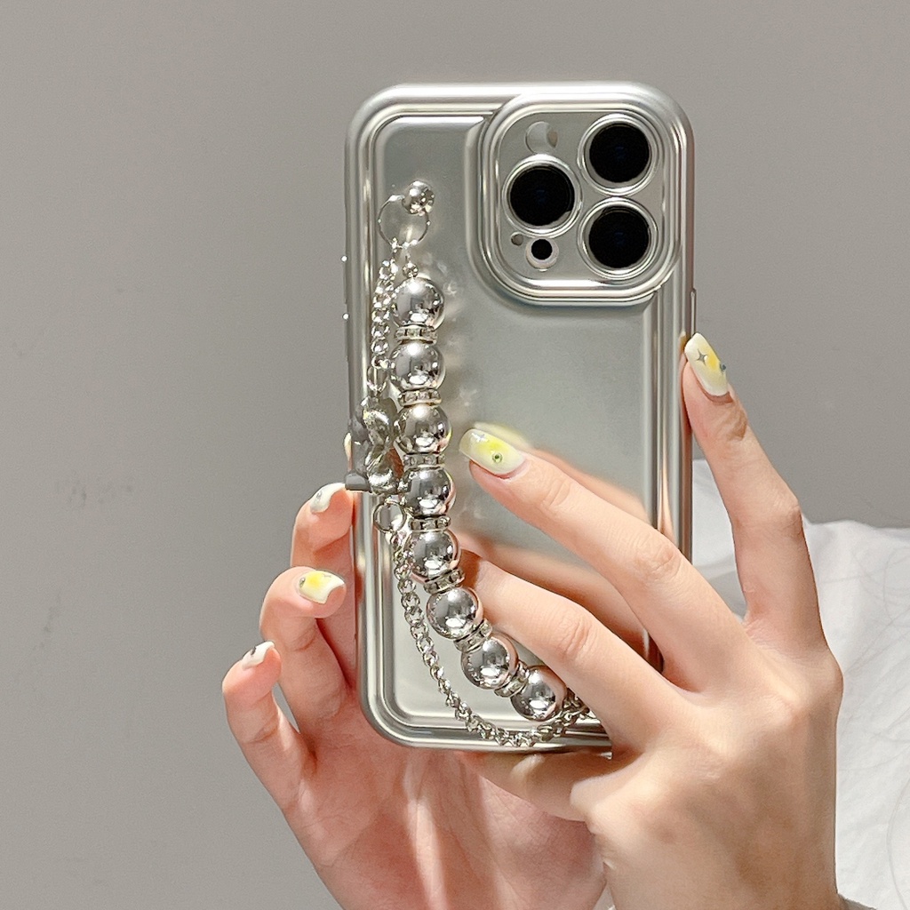 Ốp Điện Thoại TPU Dẻo Mạ Điện Họa Tiết Gấu &amp; Ngọc Trai Kèm Vòng Đeo Tay Độc Đáo Cho iPhone 14 13 12 11 PRO MAX