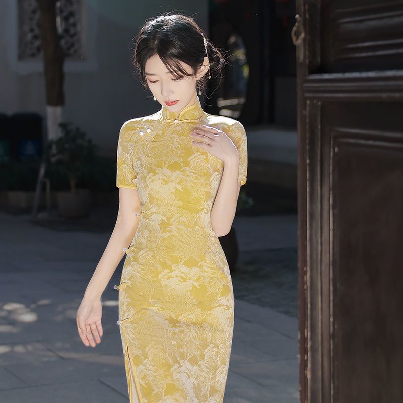 Đầm Sườn Xám Cách Tân Dáng Dài Màu Vàng Thời Trang Mùa Hè Cho Nữ
