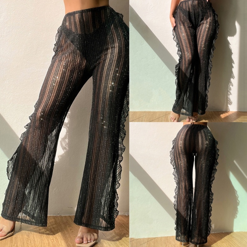 Brroa Quần Dài Lưng Cao Phối Lưới Họa Tiết Kẻ Sọc Lấp Lánh Thời Trang Dự Tiệc / Đi Biển Cho Nữ