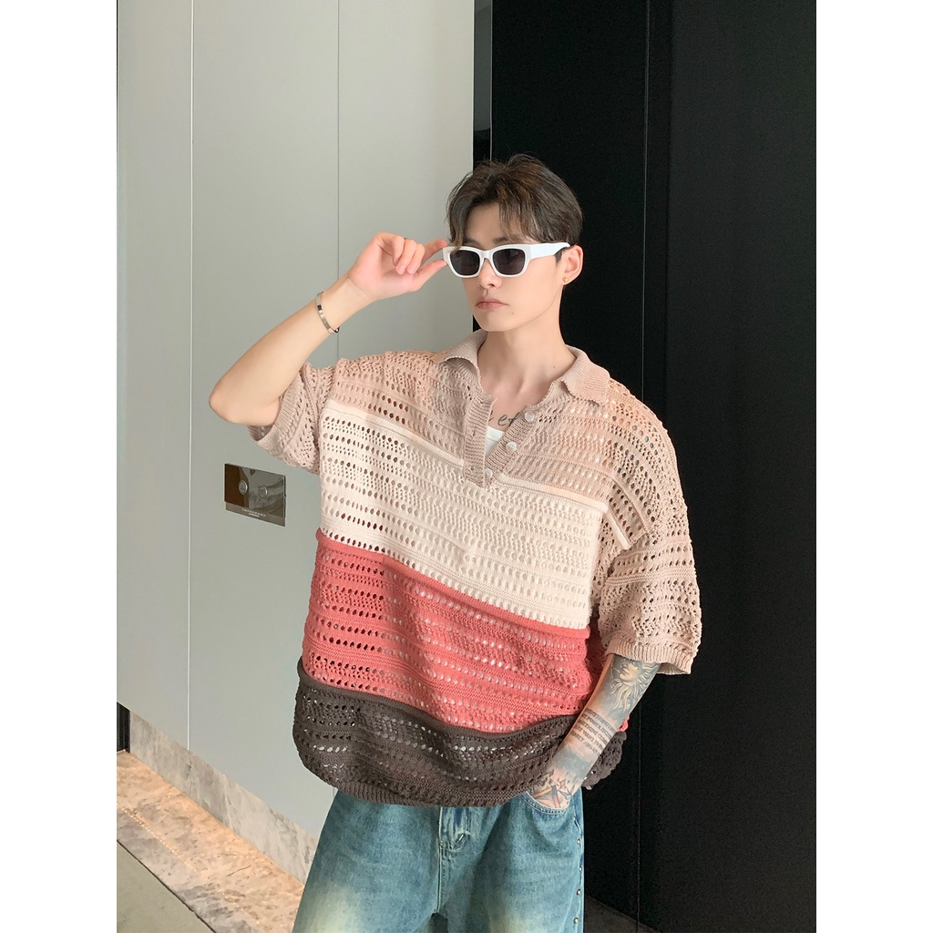 Áo Thun polo Dệt Kim Tay Ngắn Dáng Rộng Phối Nút Nhiều Màu Sắc Thời Trang Mùa Hè Cho Nam