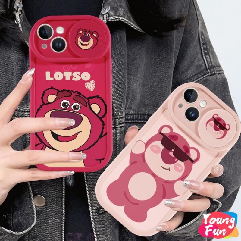 ốp lưng Gấu dâu tây nắp trượt tròn for iPhone 14 XR 13 11 12 Pro Max 8 7 6 6S Plus X Xs Max Se 2020 13 12 11