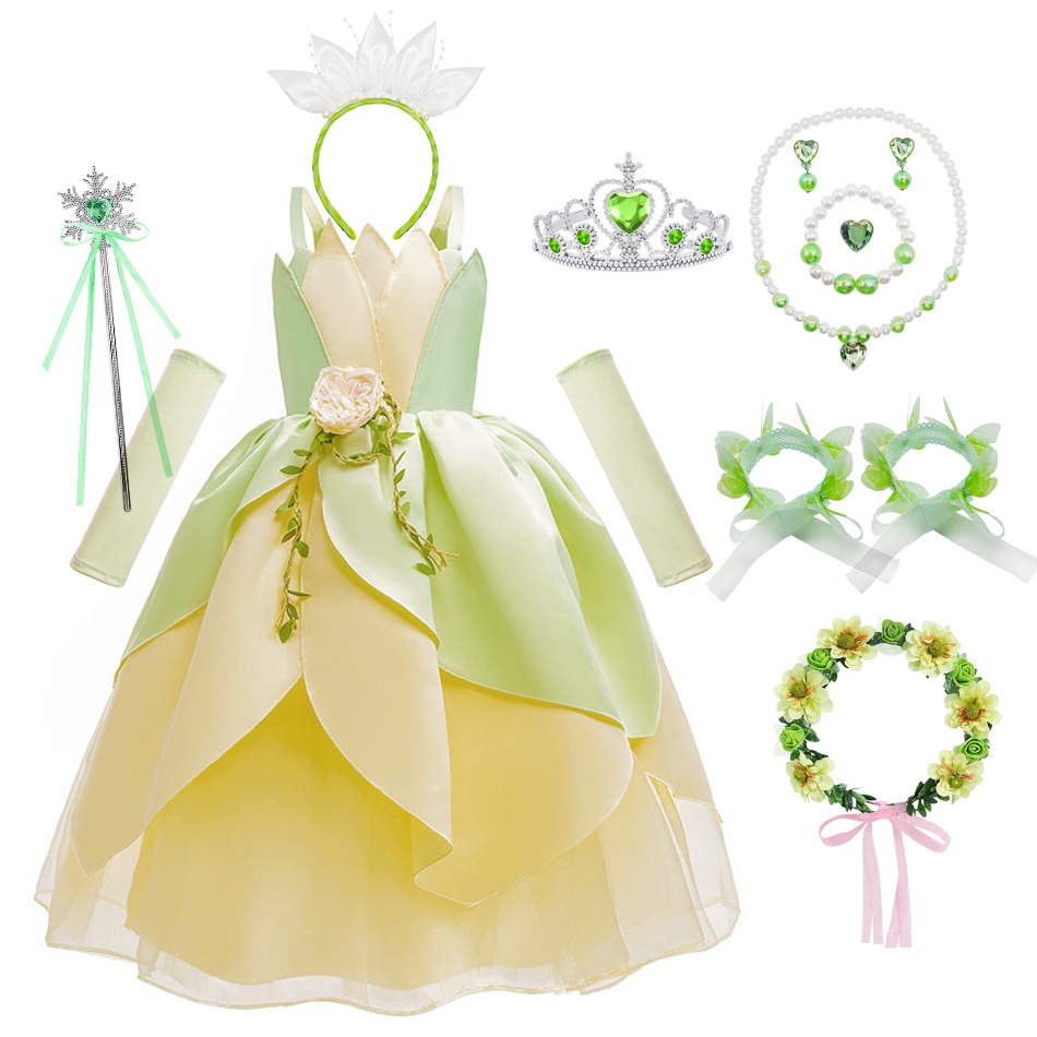 Đầm Công Chúa Tiana Màu Xanh Lá Cây Trễ Vai Hóa Trang Halloween Cho Bé Gái