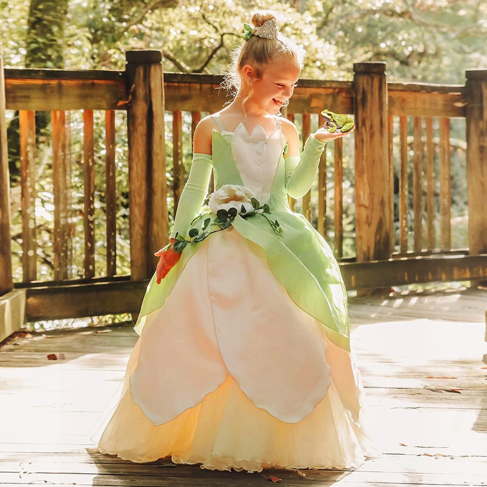 Đầm Công Chúa Tiana Màu Xanh Lá Cây Trễ Vai Hóa Trang Halloween Cho Bé Gái