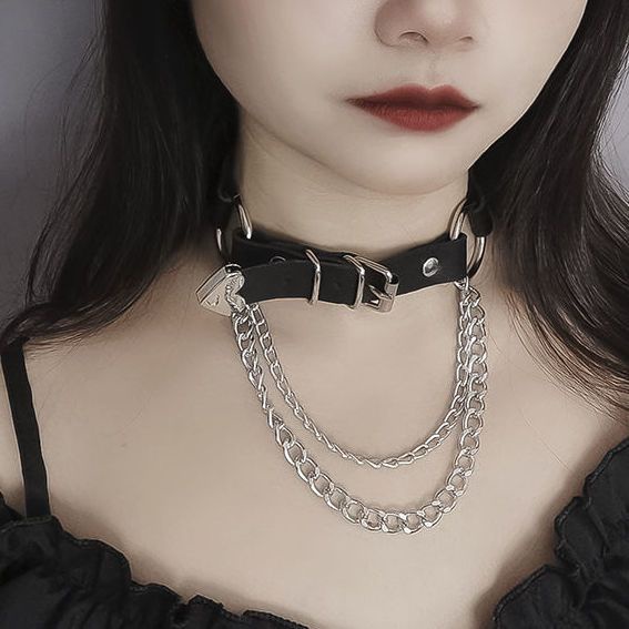Vòng Cổ Choker Da Màu Đen Mặt Trái Tim Phong Cách Punk Gothic Harajuku Kpop